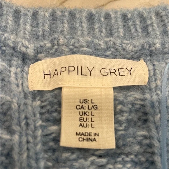 Happily Grey Cropped Heather Light Blue CottageCore Cable knit Sweater Size L - Picture 5 of 5